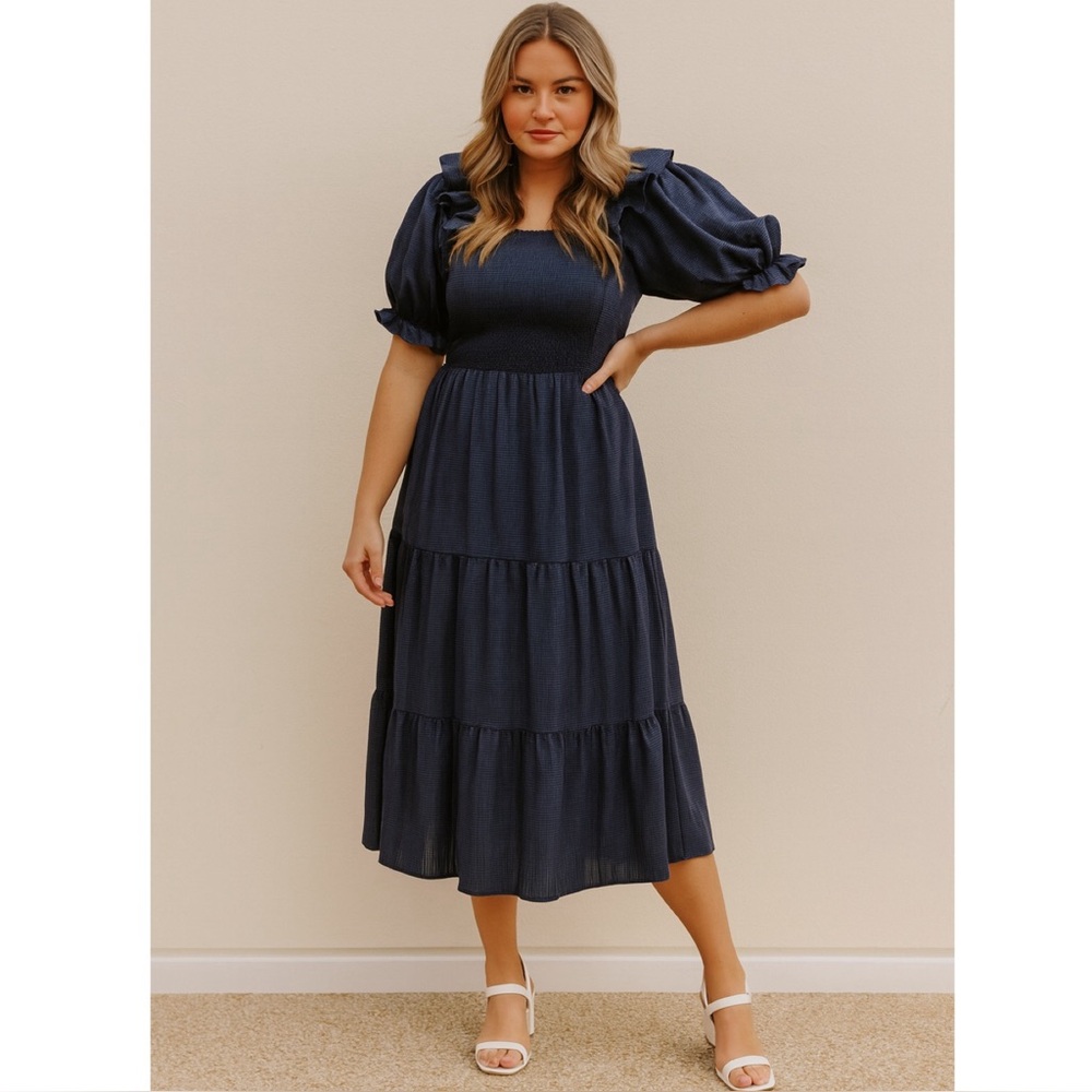 Jessakae Smocked Ruffle Puff Sleeve Tiered Midi Dress Navy Blue Stripe XL